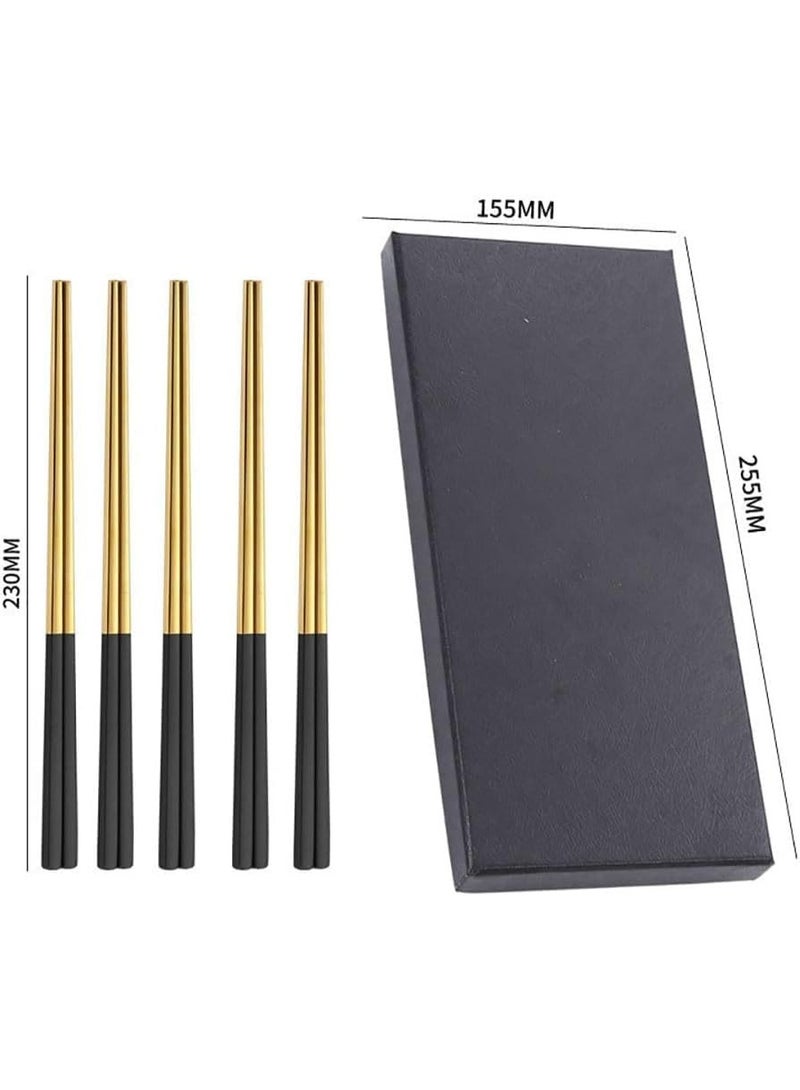 5 Pairs Stainless Steel Chopsticks Set, 304 Metal Reusable, Square Anti-Slip Design, Dishwasher Safe, Lightweight Korean Japanese Chopsticks for Sushi, Noodles, Hot Pot, 23cm – Gold Black - Image 2