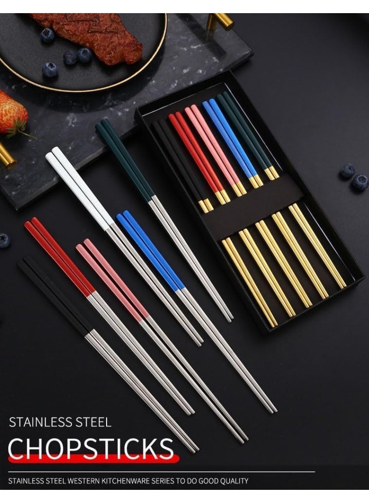 5 Pairs Stainless Steel Chopsticks Set, 304 Metal Reusable, Square Anti-Slip Design, Dishwasher Safe, Lightweight Korean Japanese Chopsticks for Sushi, Noodles, Hot Pot, 23cm – Gold Black - Image 3