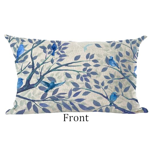 Ramirar Ink Painting Watercolor Blue Lovely Birds Tree Leaves Spring Summer Decorative Lumbar Throw Pillow Cover Case Home Living Room Bed Sofa Car Cotton Linen Rectangular 12 x 20 Inches - Image 2