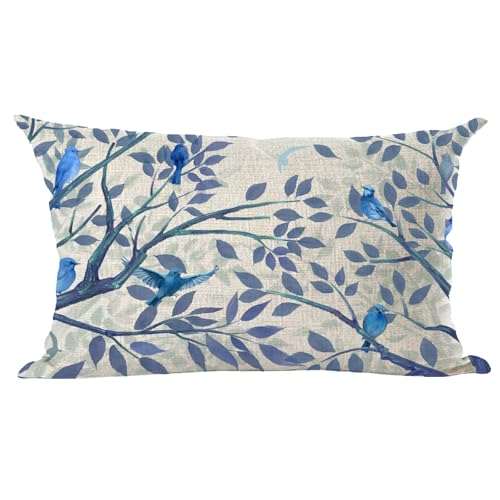 Ramirar Ink Painting Watercolor Blue Lovely Birds Tree Leaves Spring Summer Decorative Lumbar Throw Pillow Cover Case Home Living Room Bed Sofa Car Cotton Linen Rectangular 12 x 20 Inches - Image 1