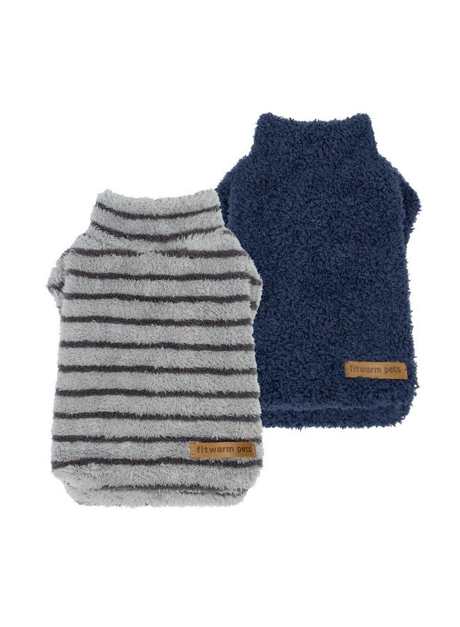 Fitwarm 2 Pack Striped Fleece Dog Sweater, Warm Winter Dog Clothes for Small Dogs Boy Girl, Fuzzy Pet Outfit, Doggy Pullover Jumper, Grey, Navy, Large - Image 1