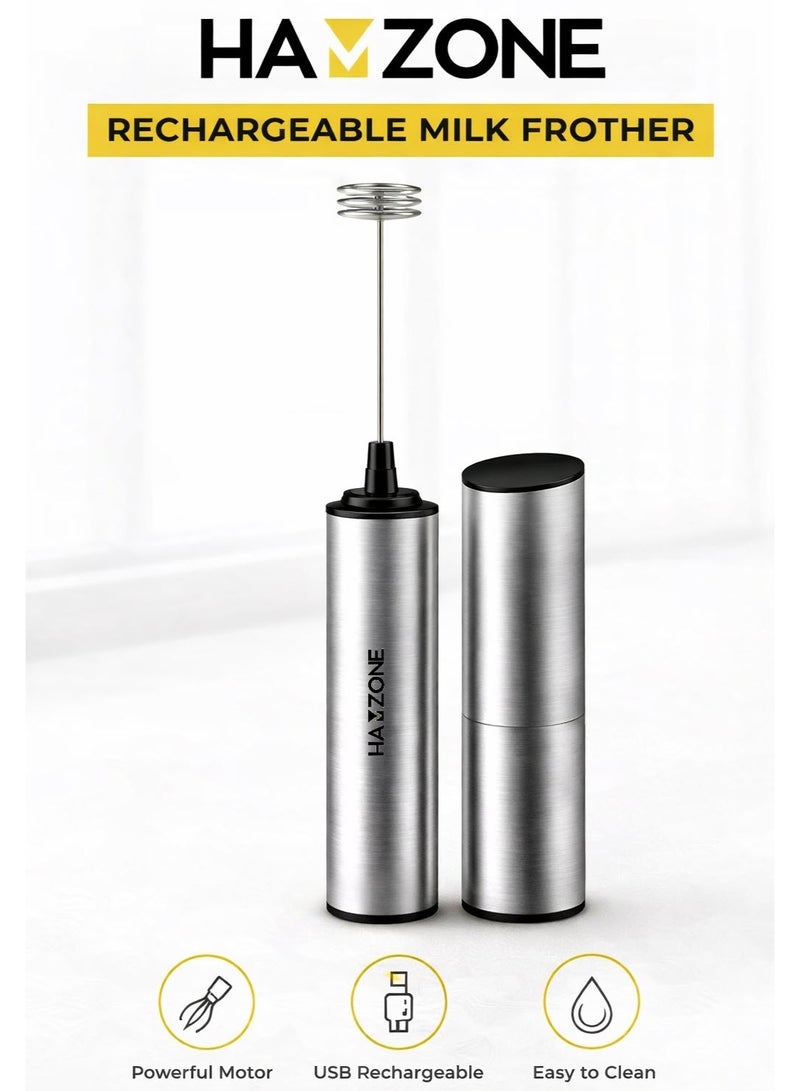 Hamzone Milk Frother Handheld, Electric Coffee Frother Mini Whisk with Stand, Stainless Steel Foam Maker for Cappuccino, Lattes, Matcha & Hot Chocolate | Silver Gray - Image 1