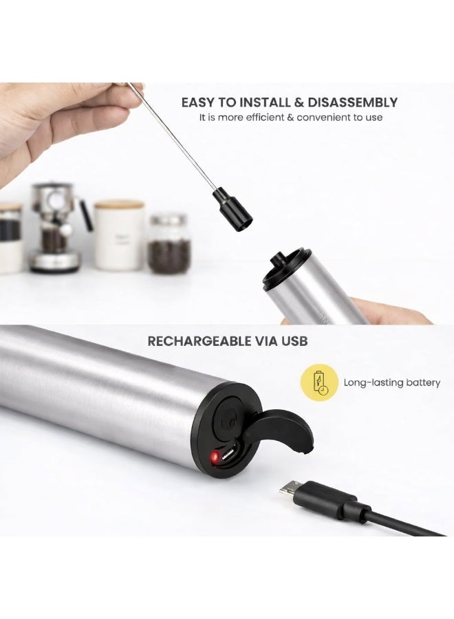 Hamzone Milk Frother Handheld, Electric Coffee Frother Mini Whisk with Stand, Stainless Steel Foam Maker for Cappuccino, Lattes, Matcha & Hot Chocolate | Silver Gray - Image 4