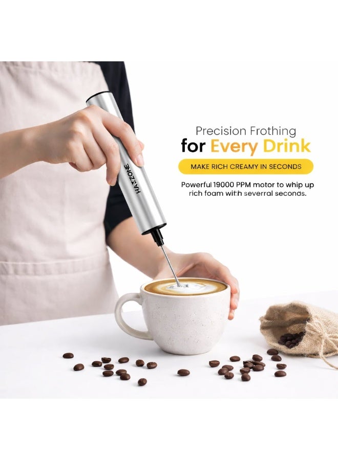 Hamzone Milk Frother Handheld, Electric Coffee Frother Mini Whisk with Stand, Stainless Steel Foam Maker for Cappuccino, Lattes, Matcha & Hot Chocolate | Silver Gray - Image 2
