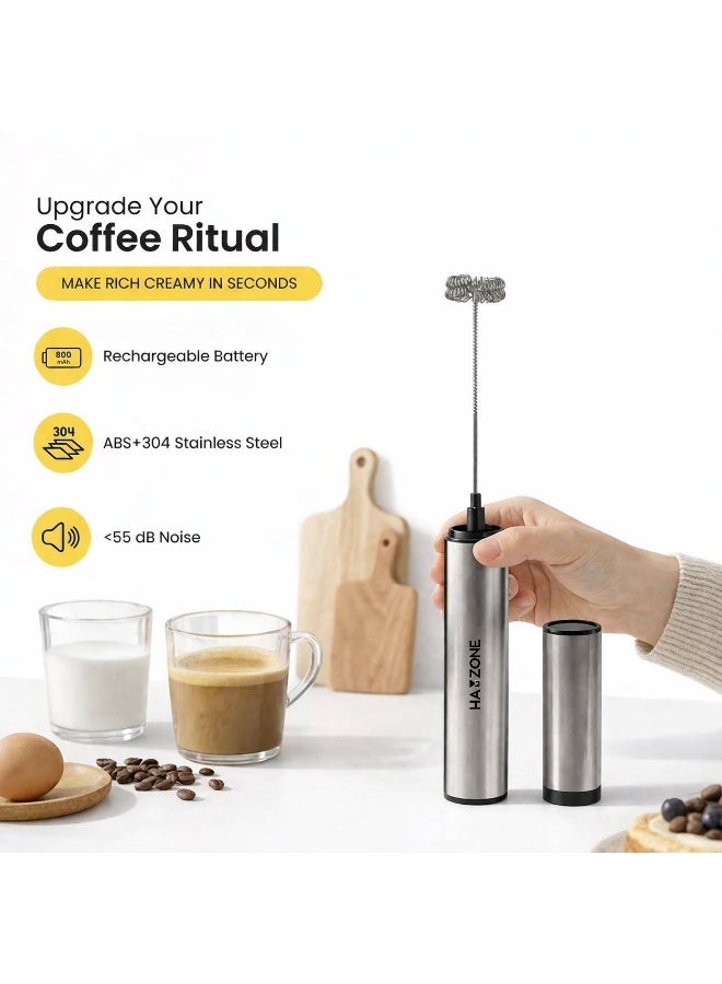 Hamzone Milk Frother Handheld, Electric Coffee Frother Mini Whisk with Stand, Stainless Steel Foam Maker for Cappuccino, Lattes, Matcha & Hot Chocolate | Silver Gray - Image 5