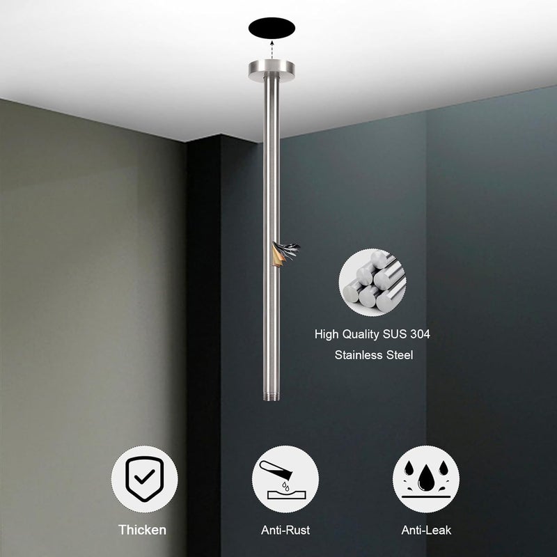 HarJue Ceiling Mounted Shower Arm, Rain Extension Arm with Flange and Teflon Tape, Stainless Steel Mount Extender for Fixed Head (16 Inch, Brushed Nickel) - Image 2