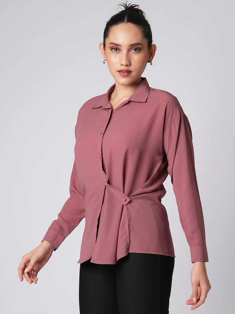 globus Globus Women Collared Neck Cuffed Sleeves Solid Satin Relaxed Fit Shirt Style Top
