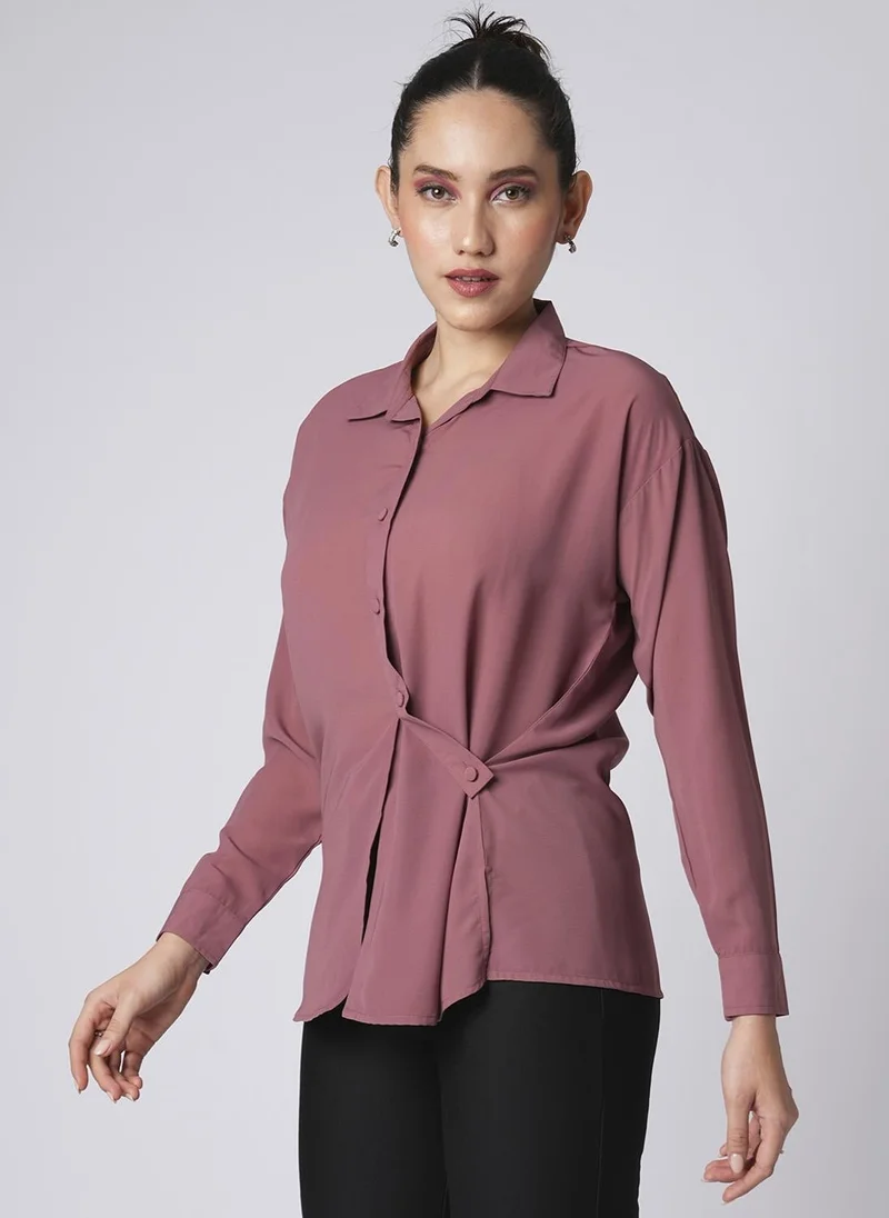 globus Globus Women Collared Neck Cuffed Sleeves Solid Satin Relaxed Fit Shirt Style Top