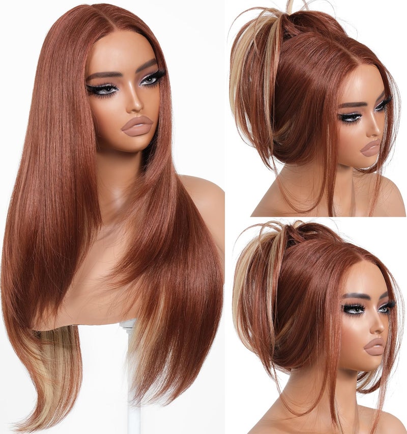 BrownBomb Cooper Blond Wear and Go Glueless Wigs Pre Plucked Pre Cut for Beginners Synthetic Lace Front Wigs For Woman With Bangs Long layered Straight 26 Inch Ginger Highlights 3 Seconds to Wear - Image 1