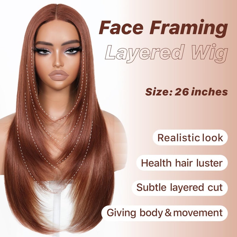 BrownBomb Cooper Blond Wear and Go Glueless Wigs Pre Plucked Pre Cut for Beginners Synthetic Lace Front Wigs For Woman With Bangs Long layered Straight 26 Inch Ginger Highlights 3 Seconds to Wear - Image 3