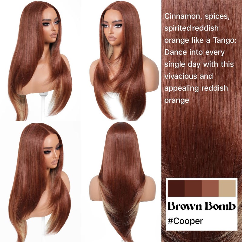 BrownBomb Cooper Blond Wear and Go Glueless Wigs Pre Plucked Pre Cut for Beginners Synthetic Lace Front Wigs For Woman With Bangs Long layered Straight 26 Inch Ginger Highlights 3 Seconds to Wear - Image 4