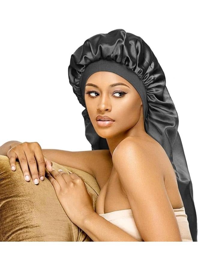 LABUYI 1 x Satin Sleep Cap, Long Satin Hair Cap, Sleep Cap, Silk Long Hair, Silk Scarf Hair Sleeping, Silk Bonnet Long Hair, Sleep Cap Hair Protection, for Long Curly Hair (Black) - Image 1