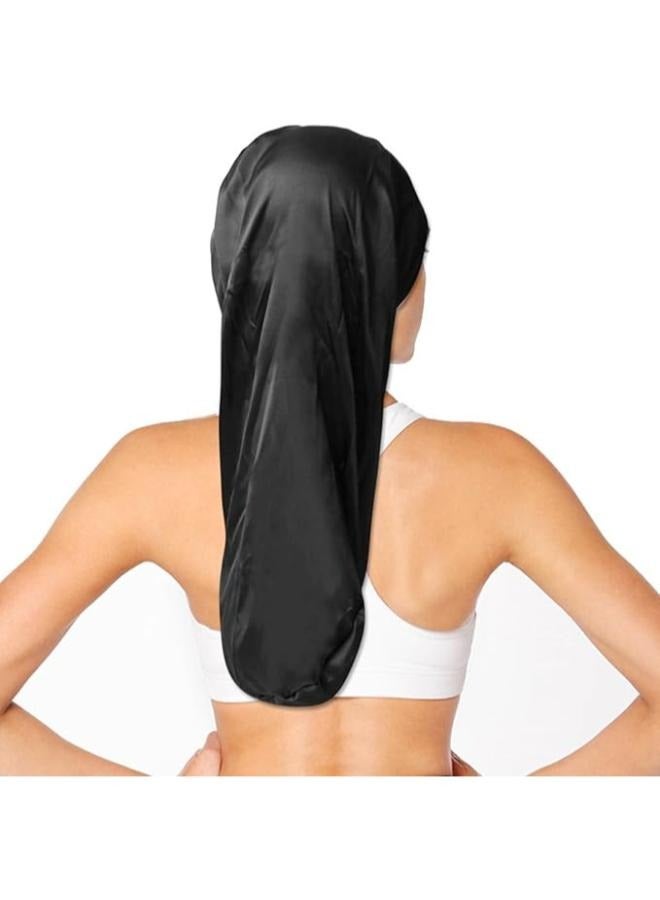 LABUYI 1 x Satin Sleep Cap, Long Satin Hair Cap, Sleep Cap, Silk Long Hair, Silk Scarf Hair Sleeping, Silk Bonnet Long Hair, Sleep Cap Hair Protection, for Long Curly Hair (Black) - Image 3