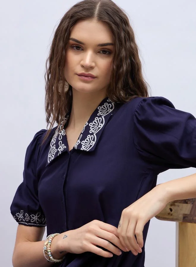 Styli Styli Embroidered V Neck Puff Sleeves A-Line Midi Dress