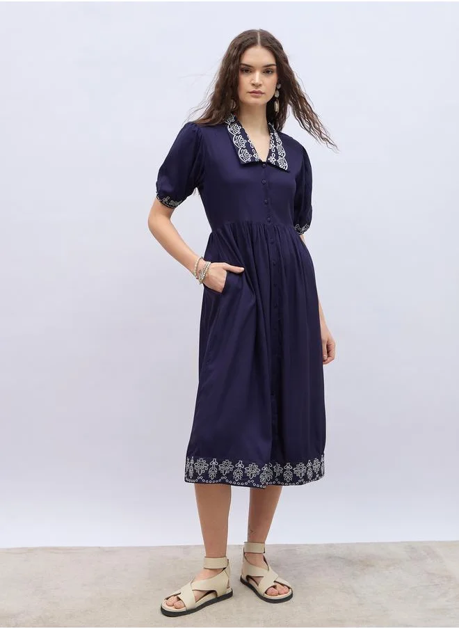 ستايلي Styli Embroidered V Neck Puff Sleeves A-Line Midi Dress