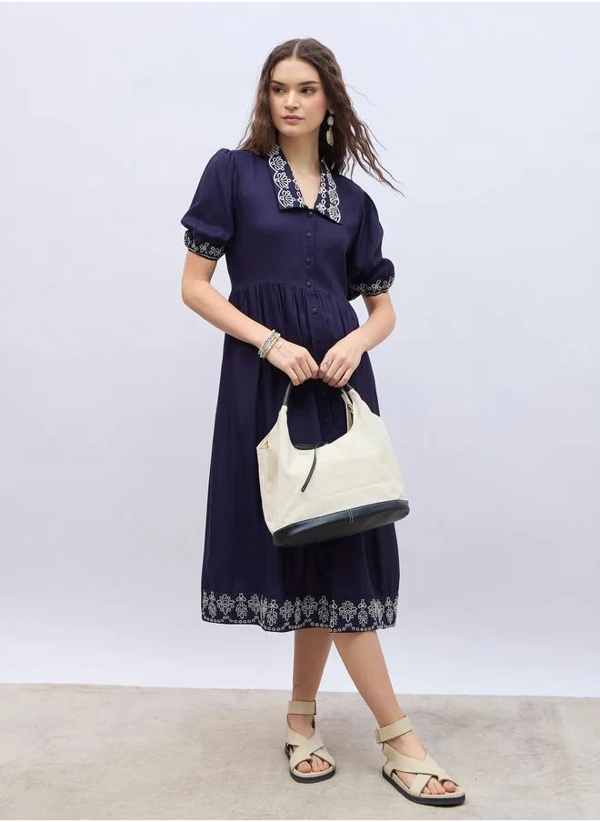 ستايلي Styli Embroidered V Neck Puff Sleeves A-Line Midi Dress