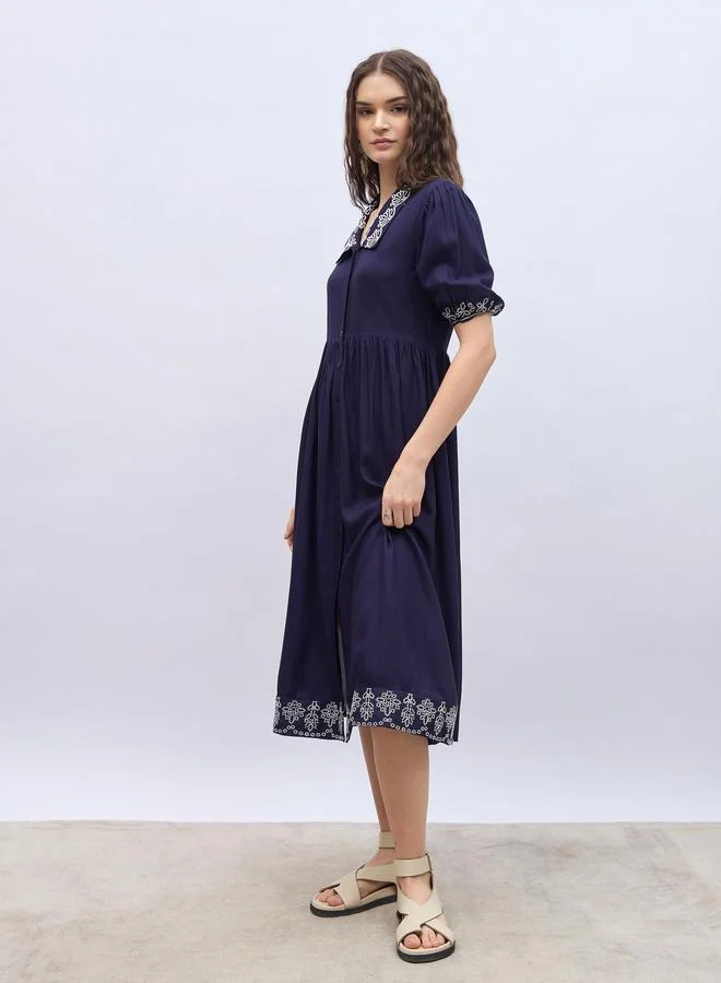 Styli Styli Embroidered V Neck Puff Sleeves A-Line Midi Dress