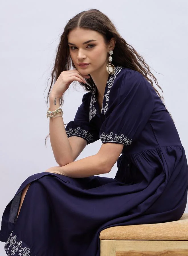 Styli Styli Embroidered V Neck Puff Sleeves A-Line Midi Dress