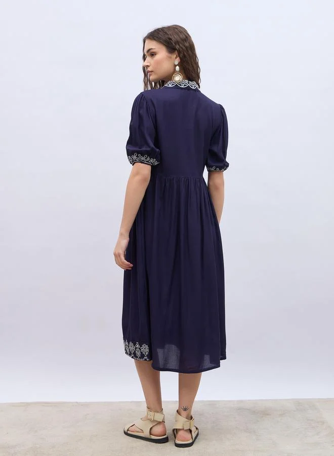 Styli Styli Embroidered V Neck Puff Sleeves A-Line Midi Dress