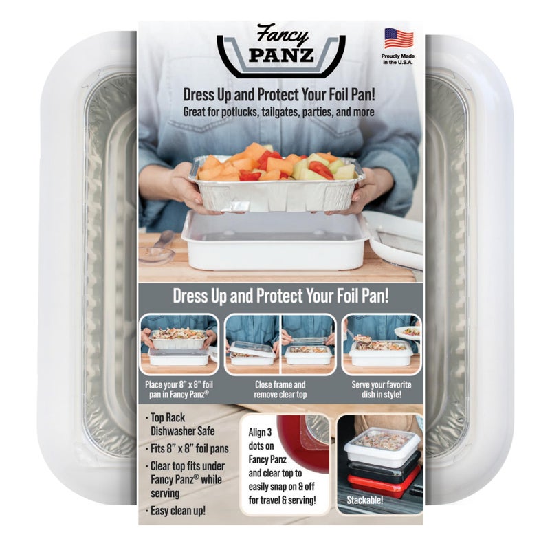 Fancy Panz - White 8x8" Aluminum Foil Pan Carrier with Lid - Elevated Food Serving Tray - Portable Casserole Carrier with Lid - Made in the USA Hosting Essentials - Image 1