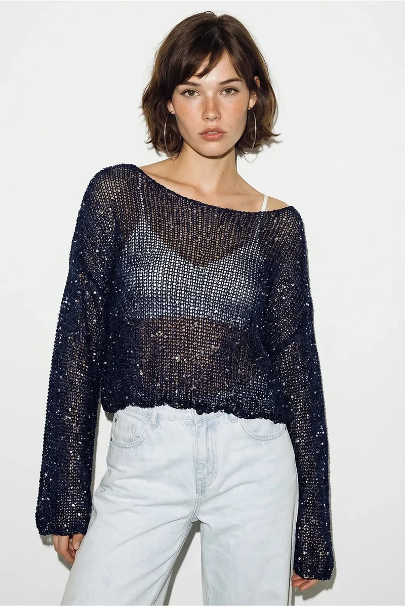 بيانكو لوتشي LUCCI Loose Sequin Knit Crop Top