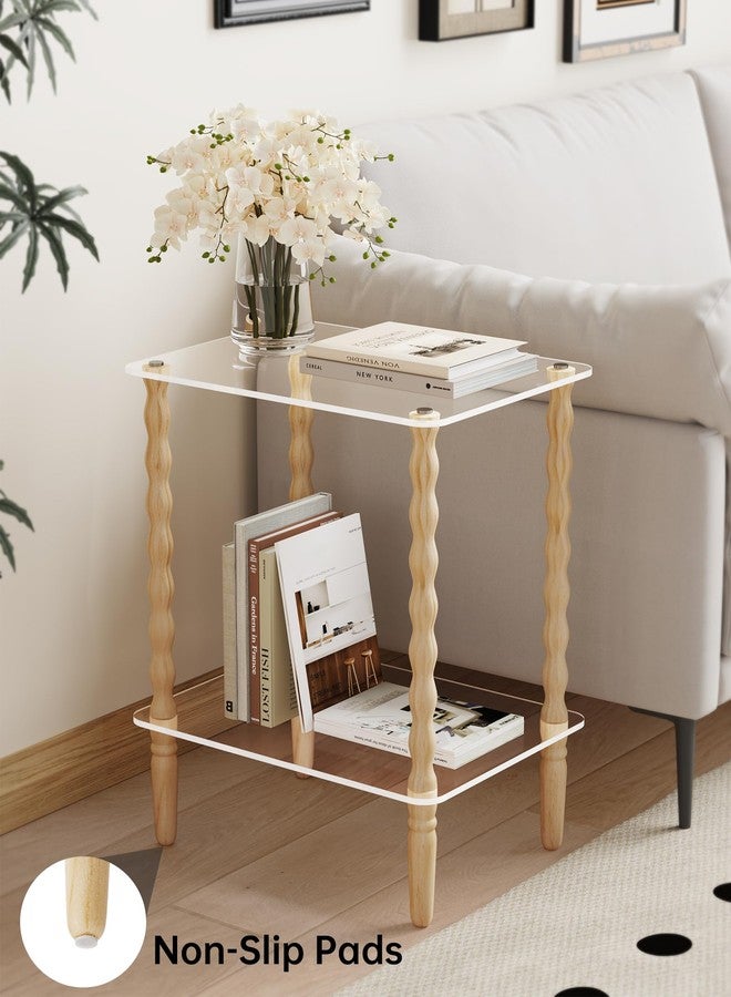 NiHome Spindle Side Table Acrylic Tabletop and Wooden Legs, 2-Tier Small End Table with Storage Shelf, Modern Wood Nightstand for Living Room, Narrow Rectangle Coffee Tables for Couch - Image 5