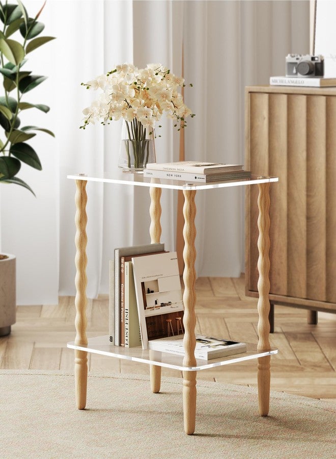 NiHome Spindle Side Table Acrylic Tabletop and Wooden Legs, 2-Tier Small End Table with Storage Shelf, Modern Wood Nightstand for Living Room, Narrow Rectangle Coffee Tables for Couch - Image 2