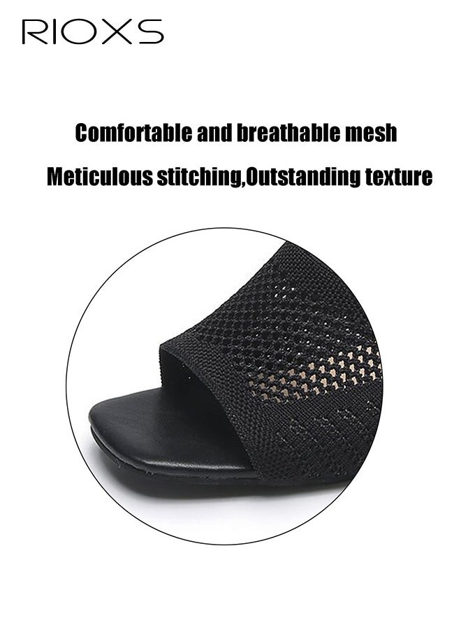 RIOXS Women's Knit Knit Heeled Sandals, Chunky Block Heel Sandals, Open Toe Slip On Sandals For Women, Fashion Chunky Heels, Ladies Casual Slides Sandal, Stylish Square Open Sandals Mules, Versatile Walking Sandals For Party/ Work/ Date/ Wedding  - Image 3