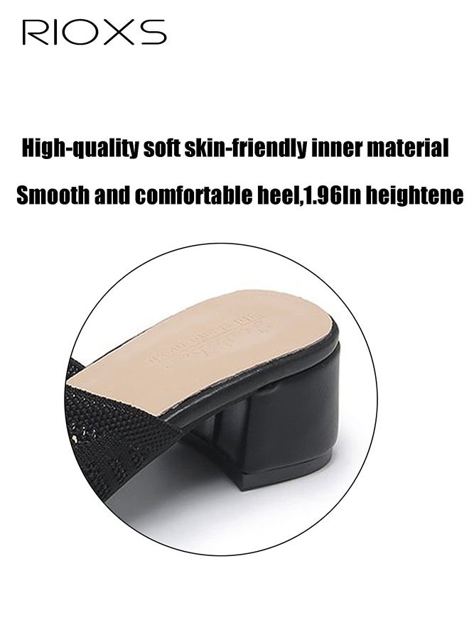 RIOXS Women's Knit Knit Heeled Sandals, Chunky Block Heel Sandals, Open Toe Slip On Sandals For Women, Fashion Chunky Heels, Ladies Casual Slides Sandal, Stylish Square Open Sandals Mules, Versatile Walking Sandals For Party/ Work/ Date/ Wedding  - Image 4