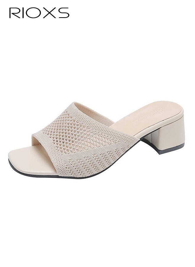 RIOXS Women's Knit Heeled Sandals, Chunky Low Block Heel Mules for Ladies, Fashion Square Open Toe Slip On Sandals, Versatile Ladies Casual Slides Sandal for Party/ Work/ Date/ Wedding, Beige - Image 1