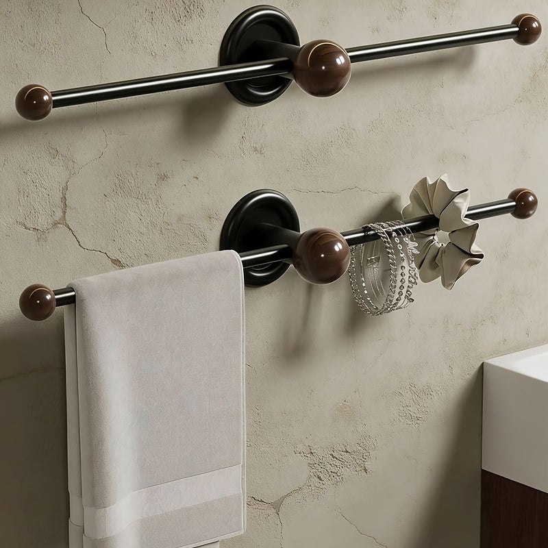 Updated Single Piece Black Towel Rack 11 Inch No Drilling Wall Mounted Design With Dividers And Wooden Balls Versatile Organizer For Towels Hair Belts And Slippers - Image 5