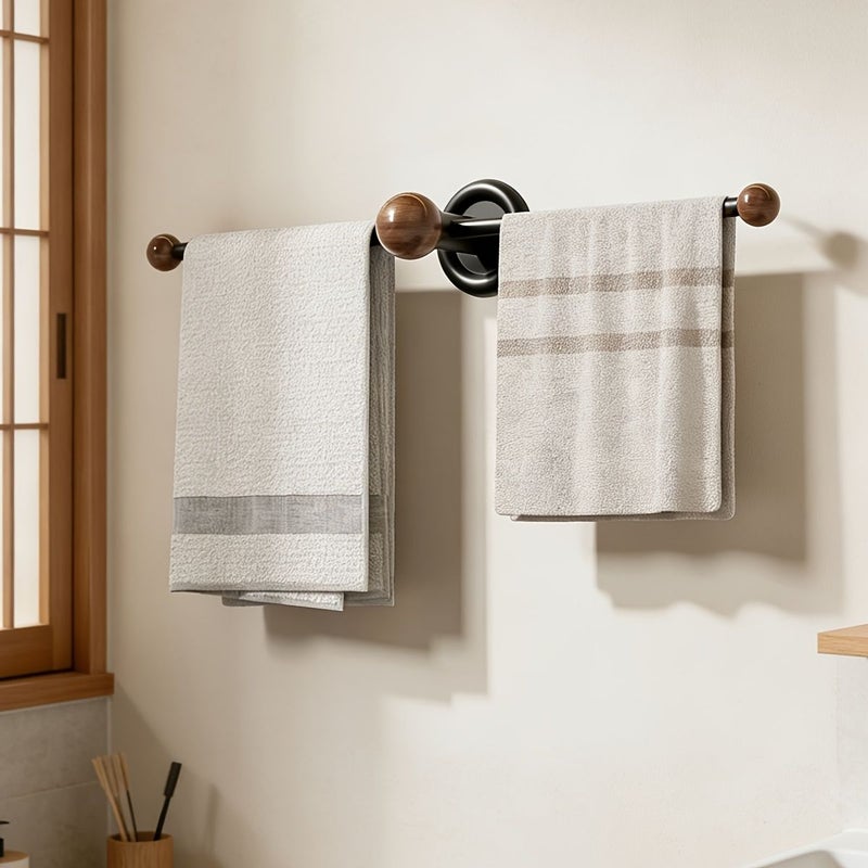 Updated Single Piece Black Towel Rack 11 Inch No Drilling Wall Mounted Design With Dividers And Wooden Balls Versatile Organizer For Towels Hair Belts And Slippers - Image 1