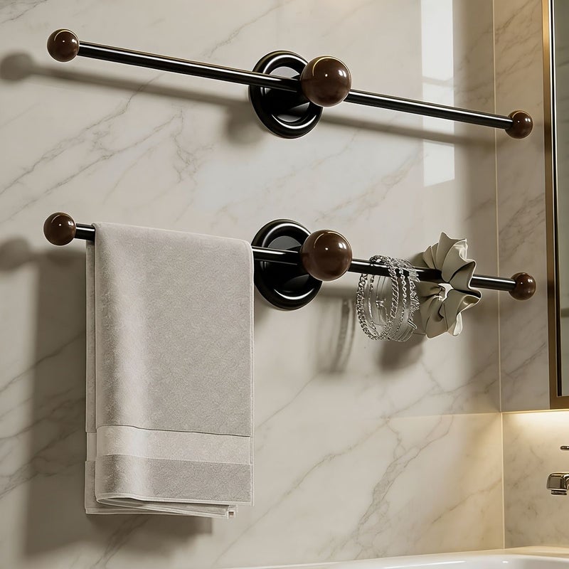 Updated Single Piece Black Towel Rack 11 Inch No Drilling Wall Mounted Design With Dividers And Wooden Balls Versatile Organizer For Towels Hair Belts And Slippers - Image 4
