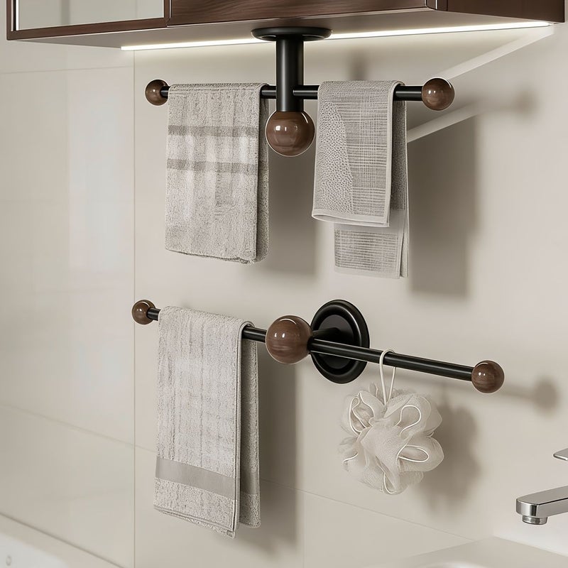Updated Single Piece Black Towel Rack 11 Inch No Drilling Wall Mounted Design With Dividers And Wooden Balls Versatile Organizer For Towels Hair Belts And Slippers - Image 2