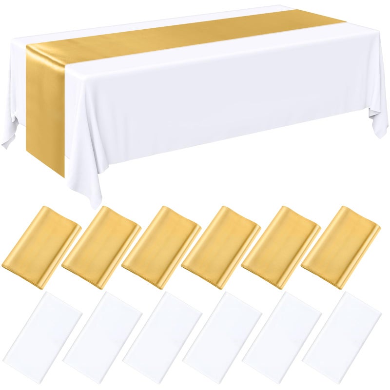 Tudomro 12 Pcs White and Gold Disposable Plastic Tablecloths and Satin Table Runner Set 54 x 108 Inch Tablecloth 12 x 108 Inch Table Runners for Wedding Baby Shower Birthday Party