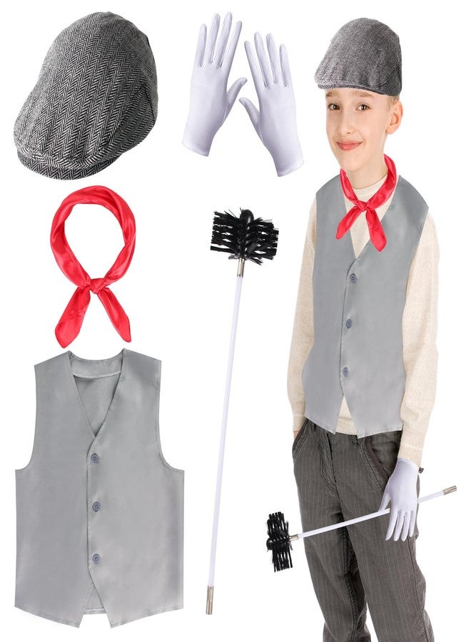 Yewong 5 Pieces Kids Chimney Sweep Costume Set Vintage Beret Hat Costume Vest Gloves Scarf and Brush Accessory for Halloween World Book Day Cosplay - Image 1