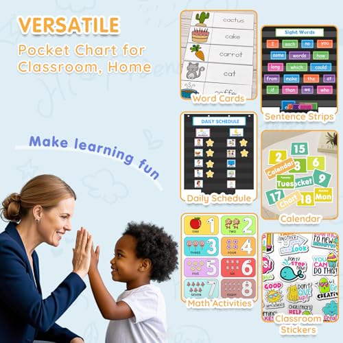 ALSLEA Standard Pocket Chart for Classroom 28"x28" Large 7 Pocket Charts with Card Storage Bag Sentence Strip Holder for Word Wall, Sight Words, Cards, Calendar, Daily Visual Schedule (Black) - Image 2