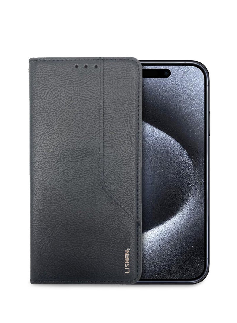 Lishen Stylish Premium Leather Magnetic Closure Flip Stand Case Cover for Apple iPhone 15 Pro Max 2023 6.7 Inch – Black - Image 1