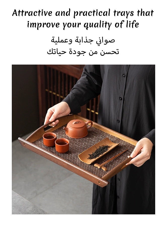 HaHaHai Wood Color 3 Wooden Serving Tray with Handles and Woven Placemat - Image 5