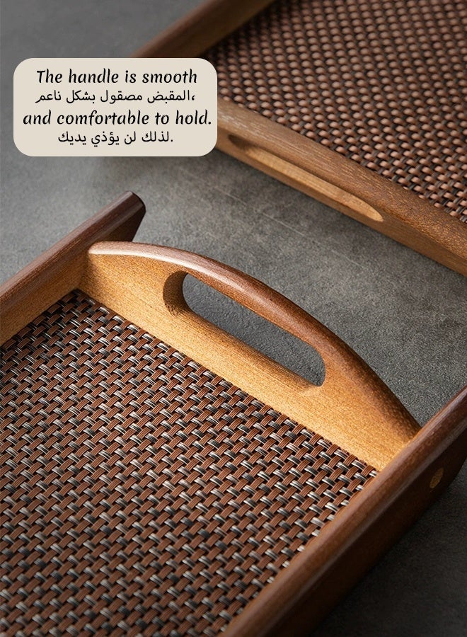 HaHaHai Wood Color 3 Wooden Serving Tray with Handles and Woven Placemat - Image 2