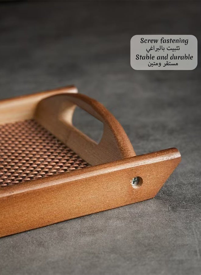 HaHaHai Wood Color 3 Wooden Serving Tray with Handles and Woven Placemat - Image 3