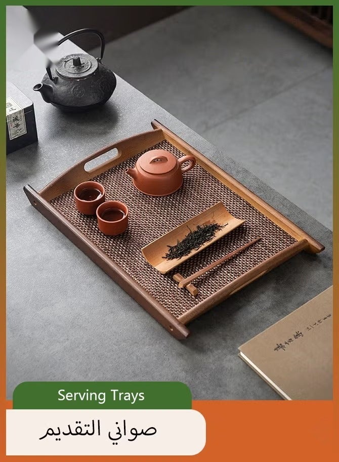 HaHaHai Wood Color 3 Wooden Serving Tray with Handles and Woven Placemat - Image 1
