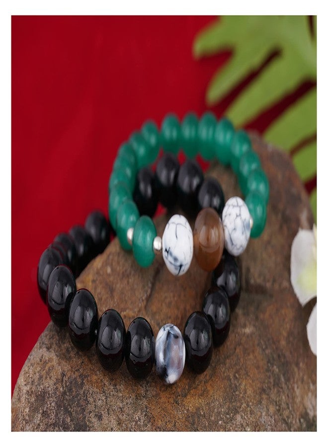 JFL Unisex Adult - Jewellery for Less Combo of Black & Green Bead Handmade Stretchable Bracelet for Couple Rakhi,Valentine - Image 2