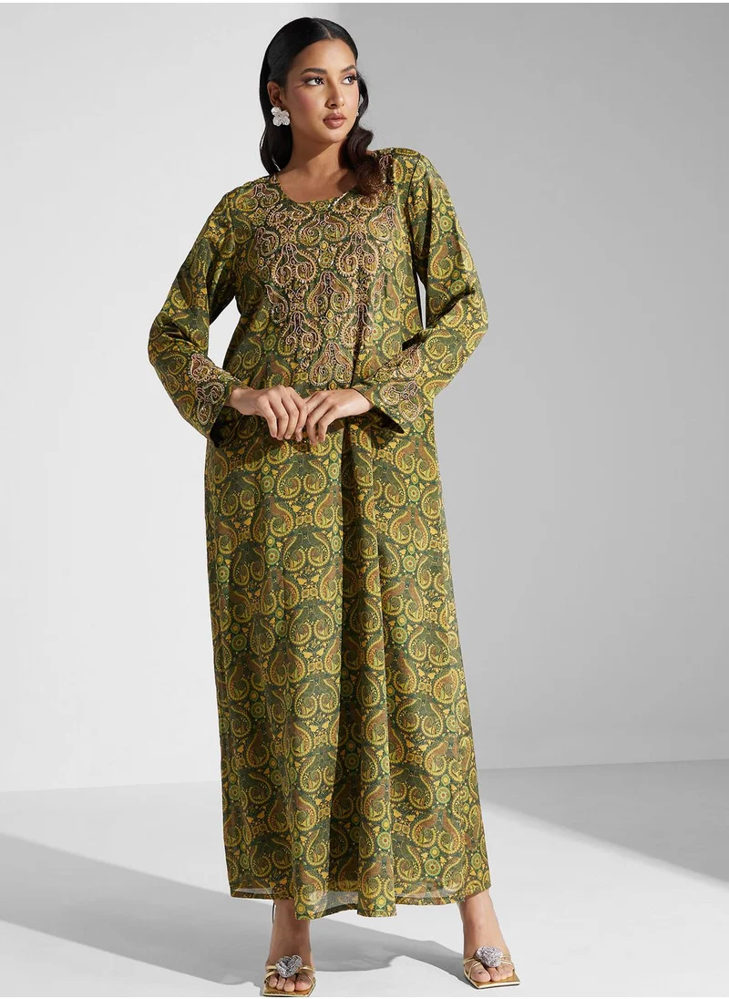 KASHKHA Printed Square Neck Jalabiya