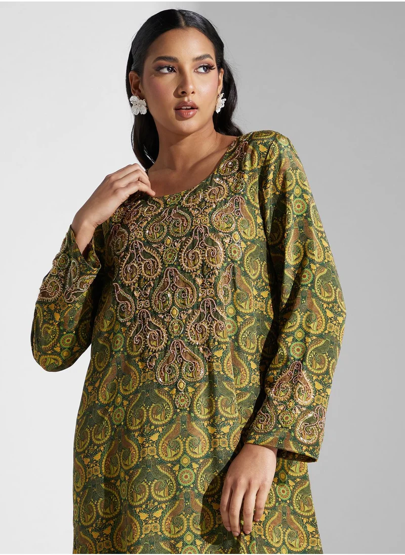 KASHKHA Printed Square Neck Jalabiya