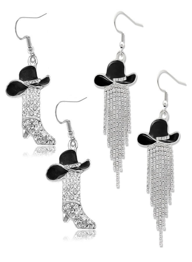 RechicGu 2 Pairs Rhinestone Western Boots Earrings for Women Cowboy Chic Cowgirl Enamel Hat Tassel Dangle Earrings Boho Vintage Rodeo Boots Spur Western Jewelry Country Concerts Outfits Gifts Tassel - Image 1