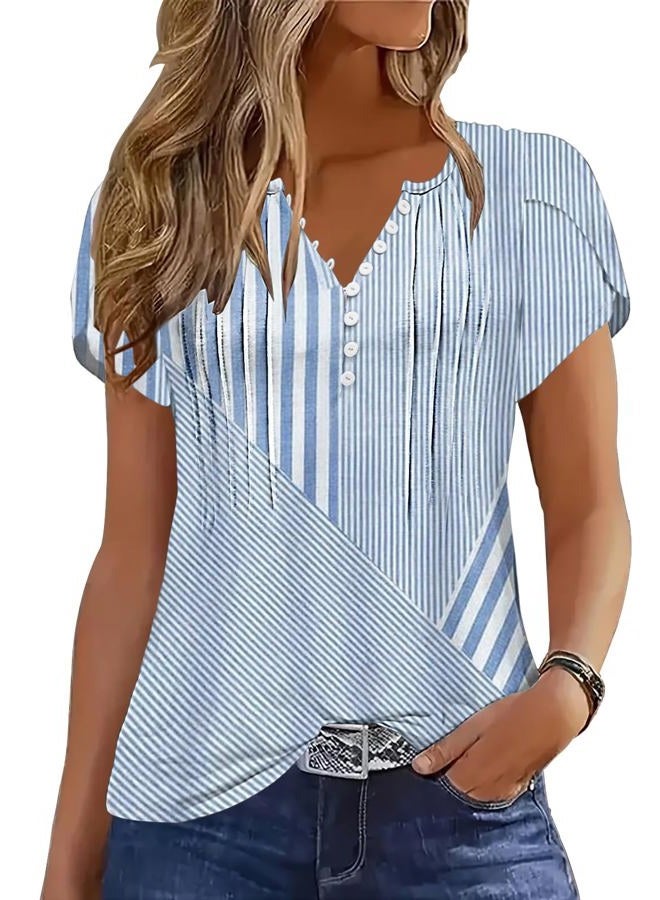 Disamer Summer Tops for Women Petal Short Sleeve Shirts Dressy Pleated Tunic 2025 Casual V Neck Button Down Blouses, Striped Blue, XL - Image 1
