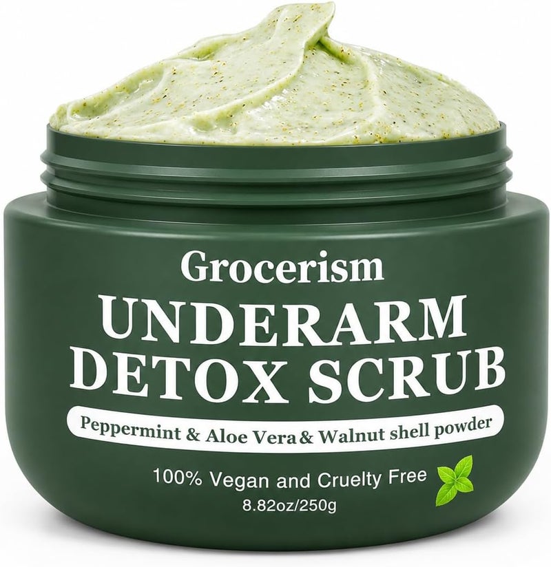Grocerism Armpit Detox and Body Scrub 8.8oz || with Peppermint and Aloe Vera for Odors Removing, Exfoliating, Moisturizing, Smoothen and Tighten, for Legs, Knee, Feet, Hands Whole Body - Image 1