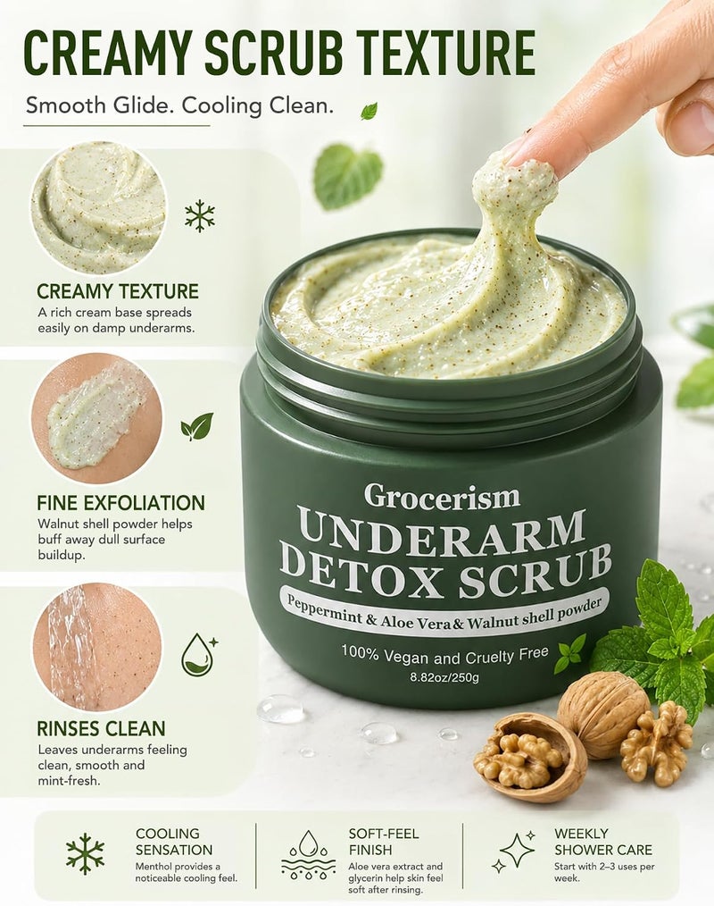 Grocerism Armpit Detox and Body Scrub 8.8oz || with Peppermint and Aloe Vera for Odors Removing, Exfoliating, Moisturizing, Smoothen and Tighten, for Legs, Knee, Feet, Hands Whole Body - Image 3