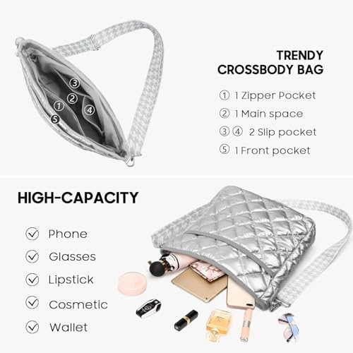 JVCV® Women's Quilted Puffer Crossbody Bag - Lightweight & Stylish Shoulder Bag with Adjustable Strap - Perfect for Everyday & Travel (Silver) - Image 4